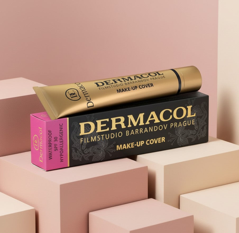 My Glam Room Dermacol Make-Up Cover foundation tube and box on geometric pedestals with SPF 30 waterproof formula