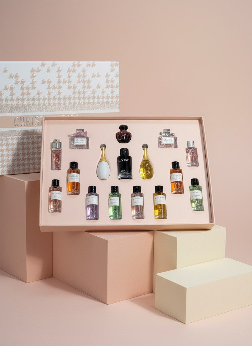 My Glam Room Dior 16in1 perfume gift set featuring assorted miniature fragrance bottles in a branded presentation box.