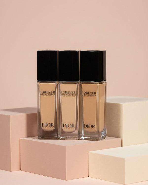My Glam Room Dior Forever Skin Correct full-coverage concealers in three different shades on geometric pedestals.