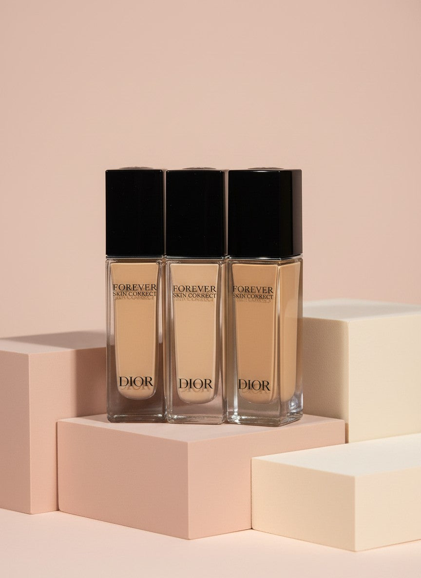 My Glam Room Dior Forever Skin Correct full-coverage concealers in three different shades on geometric pedestals.