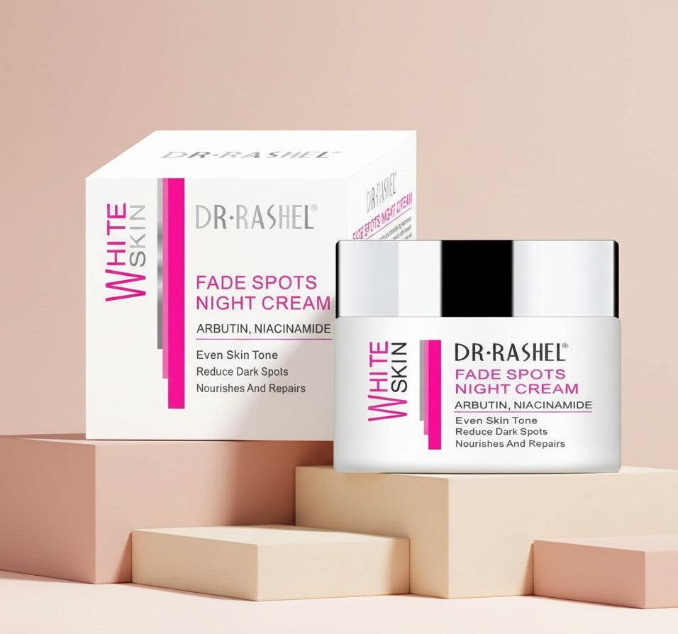 My Glam Room Dr Rashel Fade Spots Night Cream jar and box with arbutin and niacinamide for even skin tone