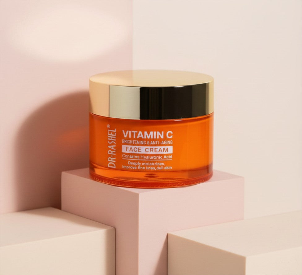 My Glam Room Dr Rashel Vitamin C brightening and anti-aging face cream in an orange jar with a gold lid