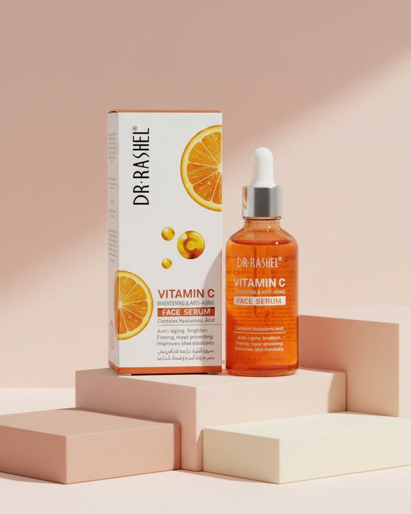 My Glam Room Dr Rashel Vitamin C brightening and anti-aging face serum in a glass dropper bottle with its box.