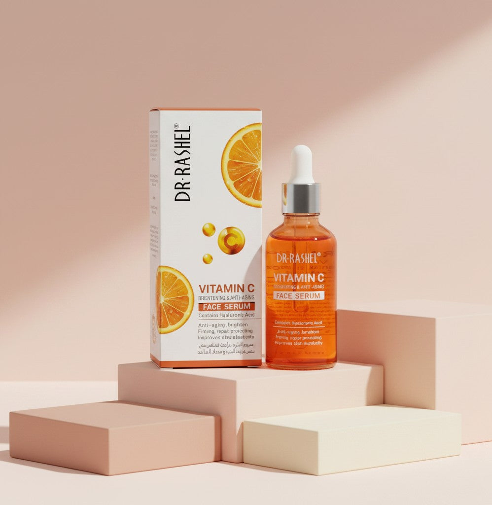 My Glam Room Dr Rashel Vitamin C brightening and anti-aging face serum in a glass dropper bottle with its box.