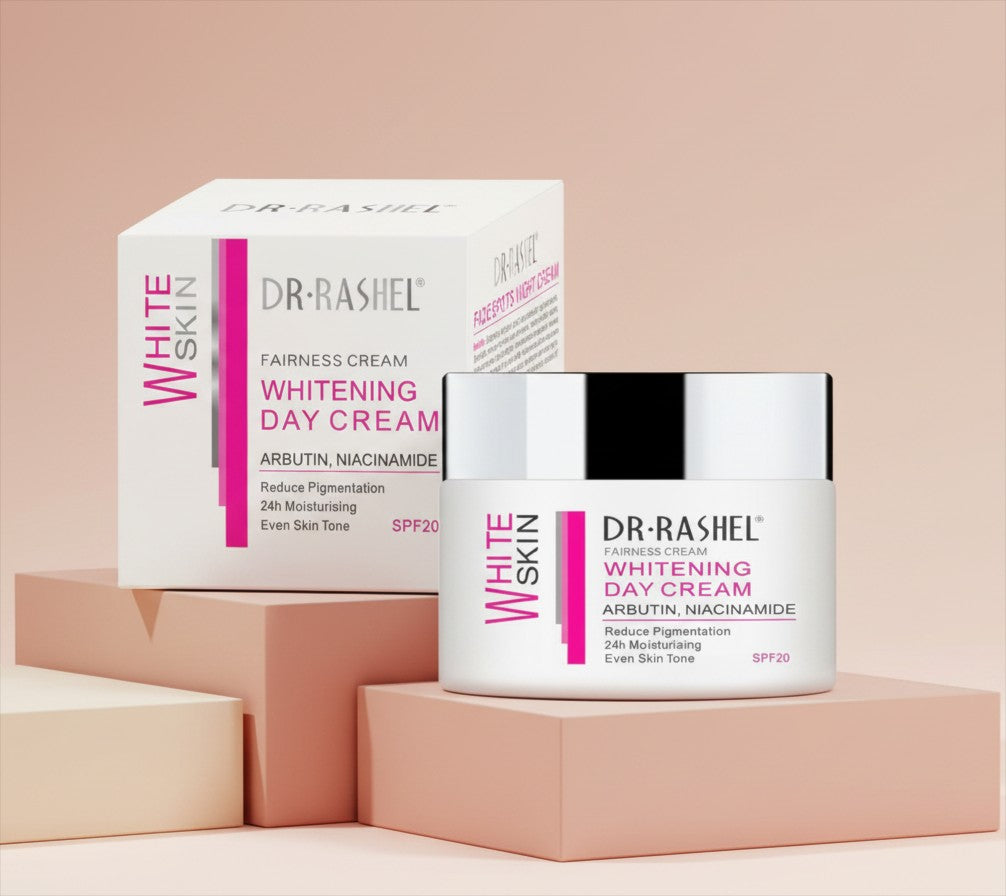 My Glam Room Dr Rashel Whitening Day Cream jar and box with arbutin and niacinamide on a minimalist display stand