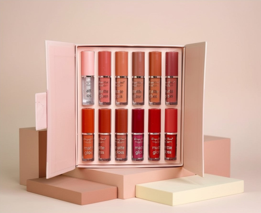 My Glam Room Dragon Ranee Queen liquid matte lip gloss set featuring twelve assorted shades in a pink gift box