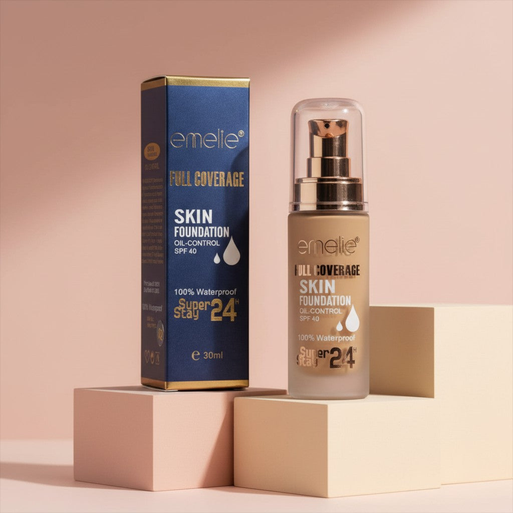 My Glam Room Emelie full coverage oil-control foundation bottle and blue box on beige pedestals