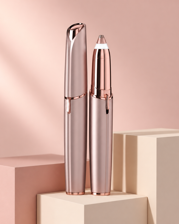 My Glam Room Flawless rechargeable eyebrow hair remover in rose gold with 18k gold plated precision tip and LED light