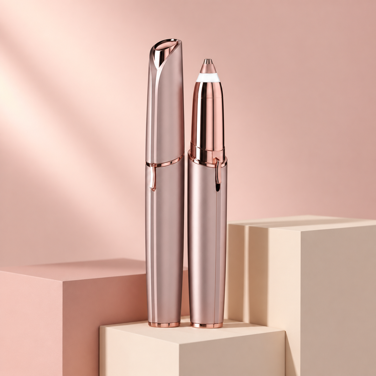 My Glam Room Flawless rechargeable eyebrow hair remover in rose gold with 18k gold plated precision tip and LED light