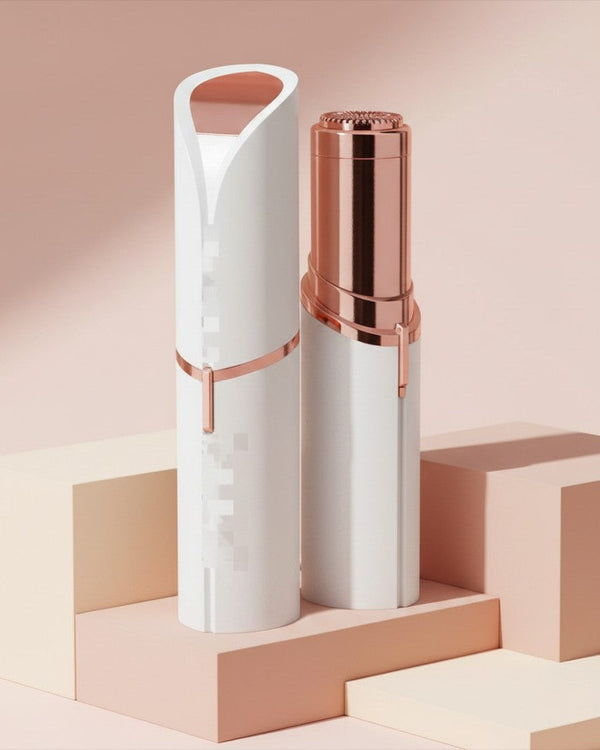 My Glam Room rechargeable facial hair remover in white and rose gold, standing on geometric platforms.