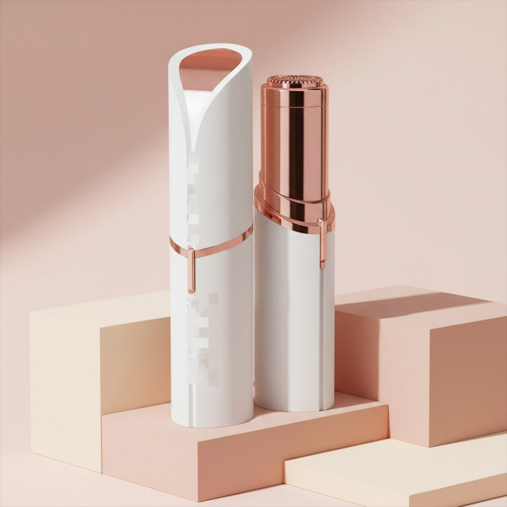 My Glam Room rechargeable facial hair remover in white and rose gold, standing on geometric platforms.