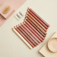 My Glam Room Flormar matte lip pencil set featuring 12 assorted nude and brown shades with a sharpener