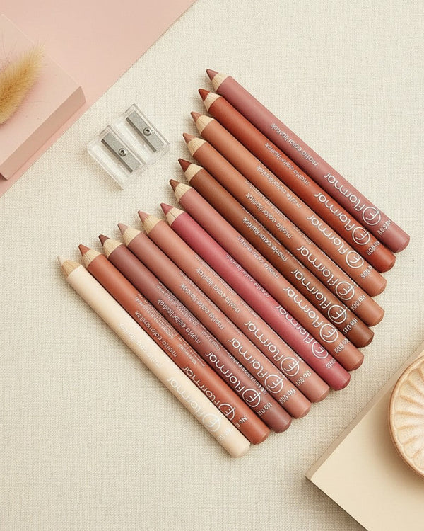 My Glam Room Flormar matte lip pencil set featuring 12 assorted nude and brown shades with a sharpener