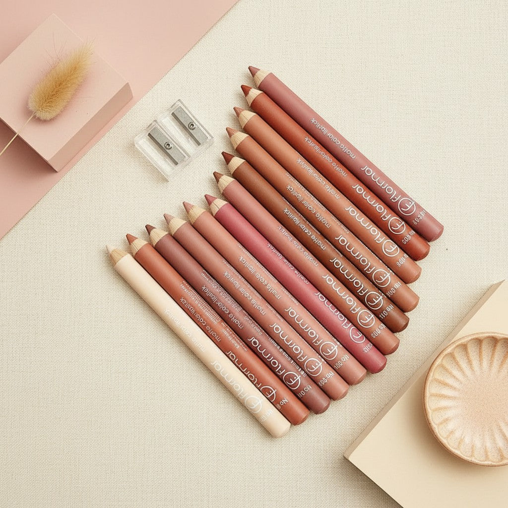 My Glam Room Flormar matte lip pencil set featuring 12 assorted nude and brown shades with a sharpener