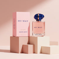 My Glam Room Giorgio Armani My Way eau de parfum bottle and pink box on geometric pedestals against a soft background