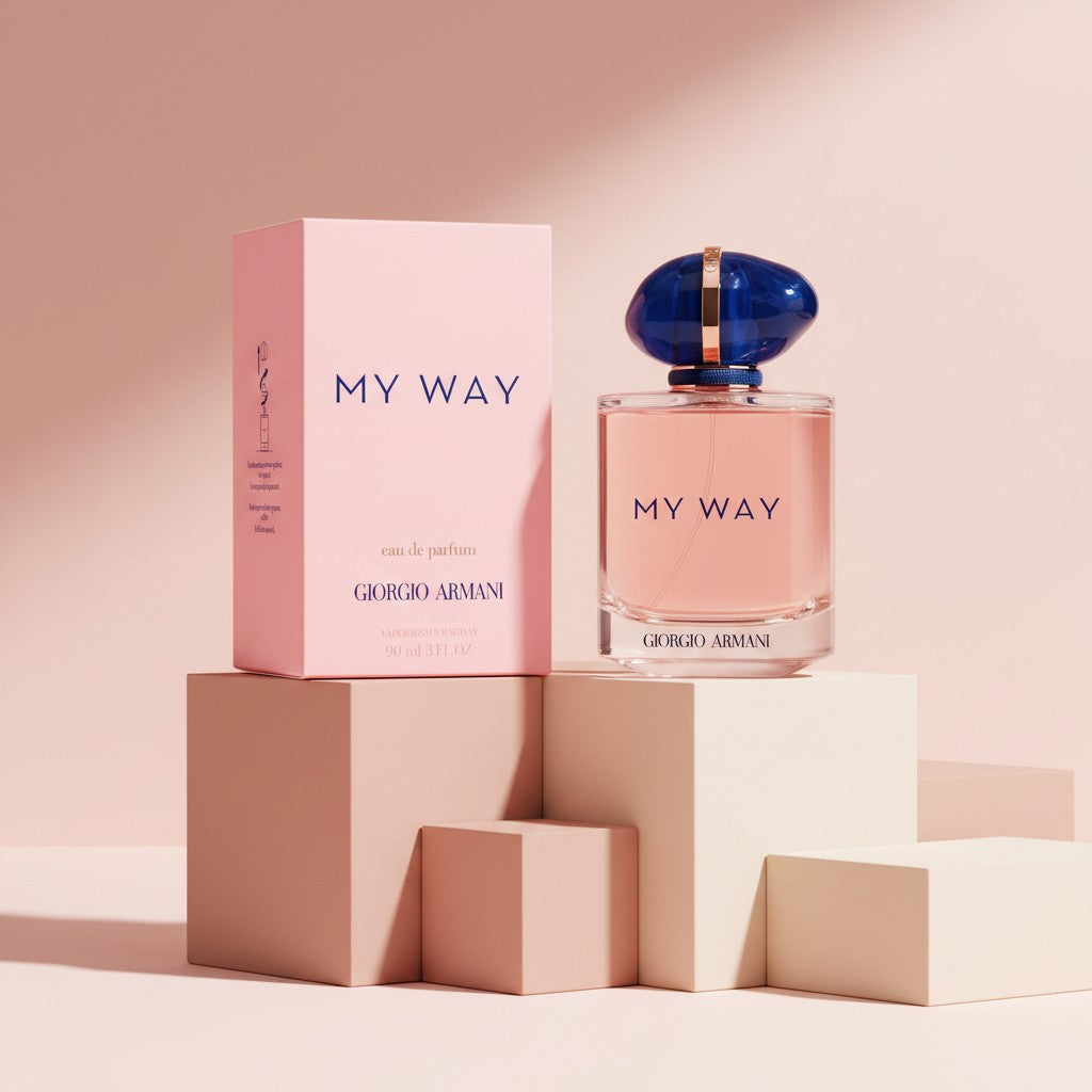 My Glam Room Giorgio Armani My Way eau de parfum bottle and pink box on geometric pedestals against a soft background
