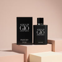 My Glam Room Giorgio Armani Acqua Di Gio Parfum 100ml bottle and black box on minimalist geometric pedestals