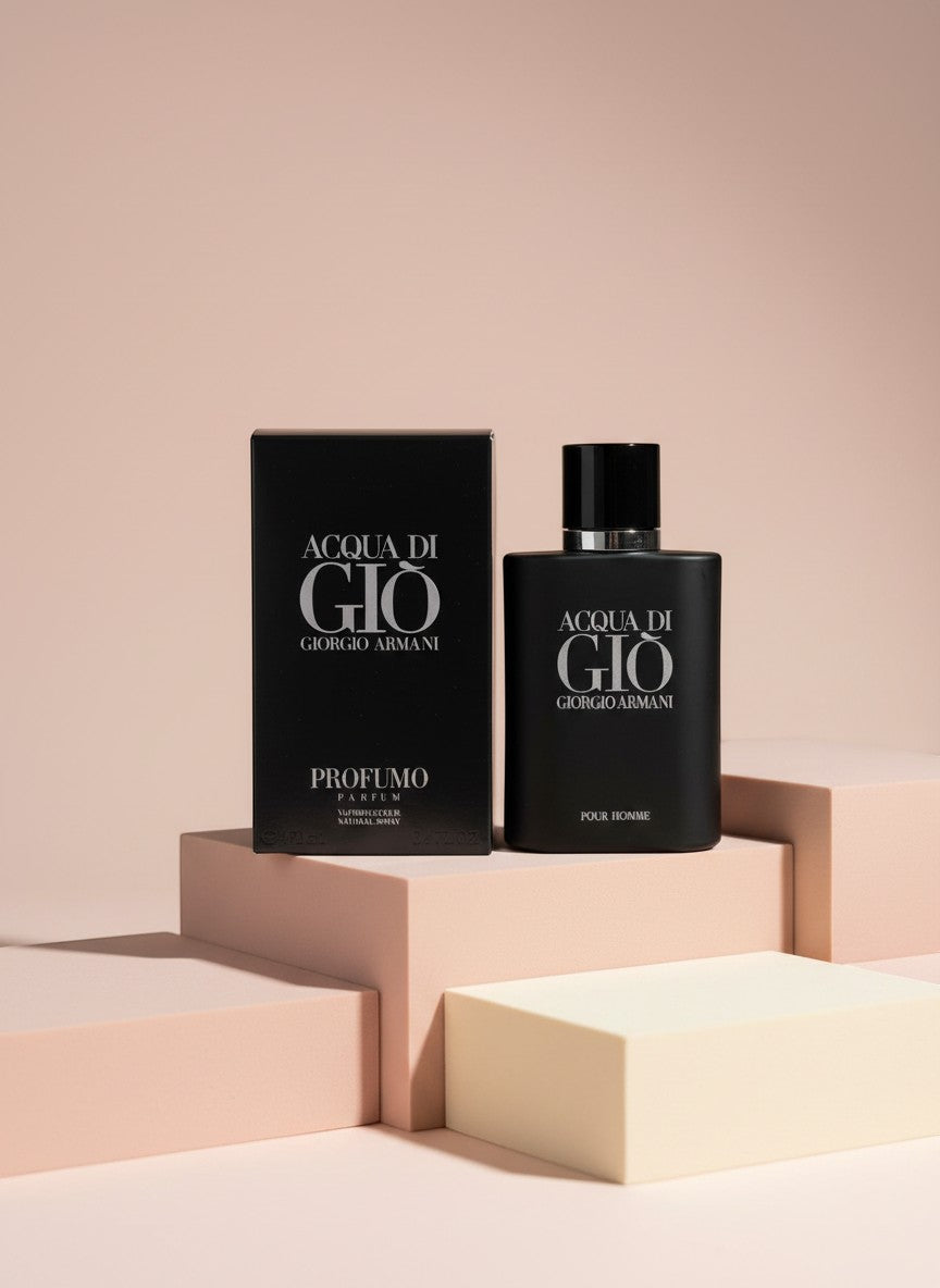My Glam Room Giorgio Armani Acqua Di Gio Parfum 100ml bottle and black box on minimalist geometric pedestals