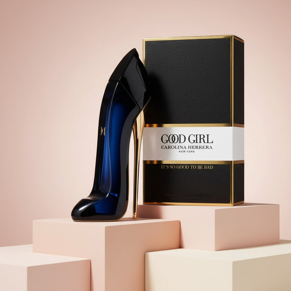 My Glam Room Carolina Herrera Good Girl 80ml perfume bottle shaped like a stiletto heel next to its black gift box.