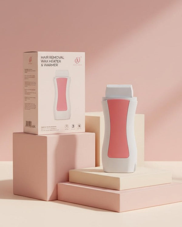 My Glam Room hair removal wax heater and warmer in white and pink, displayed with its matching product box.