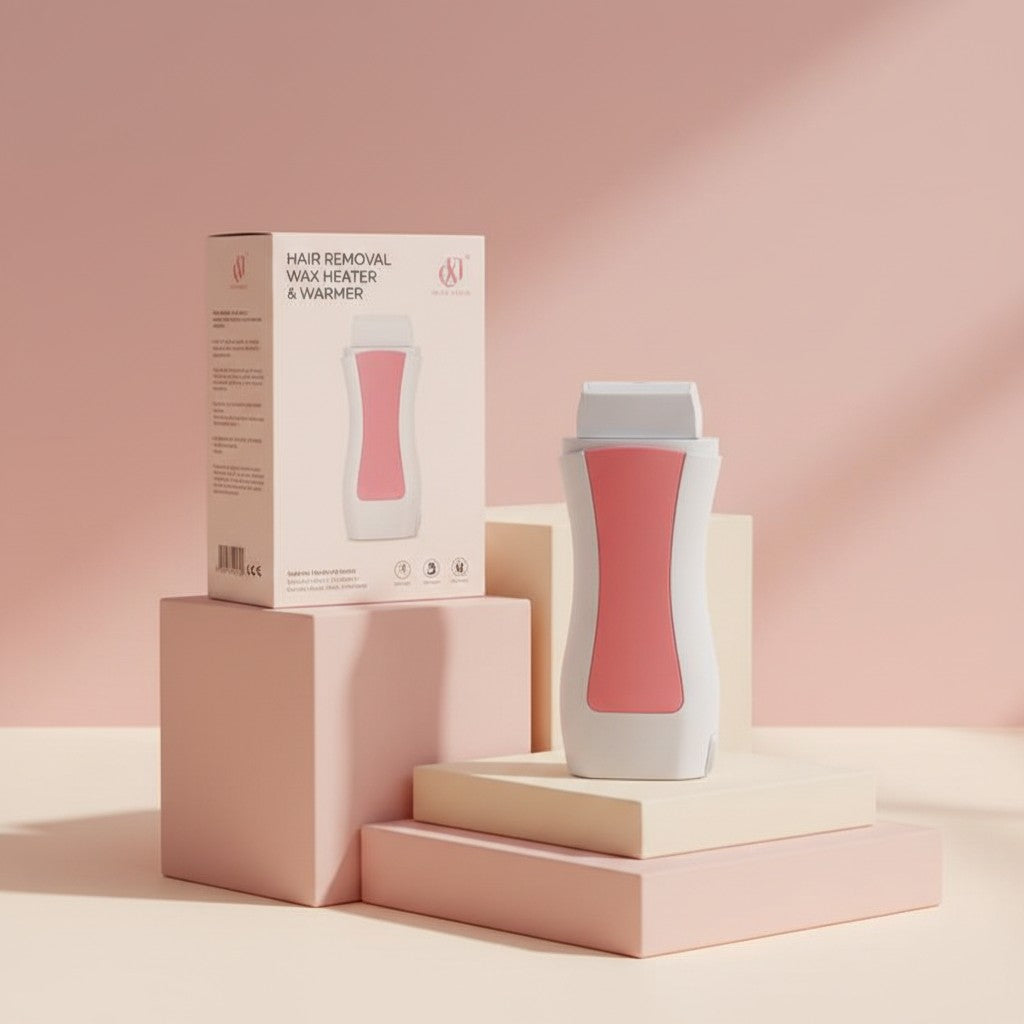 My Glam Room hair removal wax heater and warmer in white and pink, displayed with its matching product box.