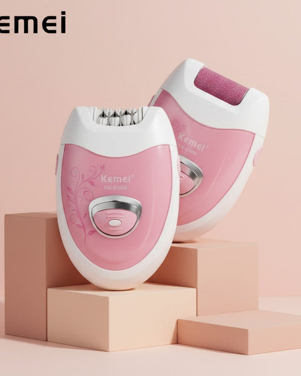 My Glam Room Kemei lady epilator and callus remover set in pink and white on geometric display blocks