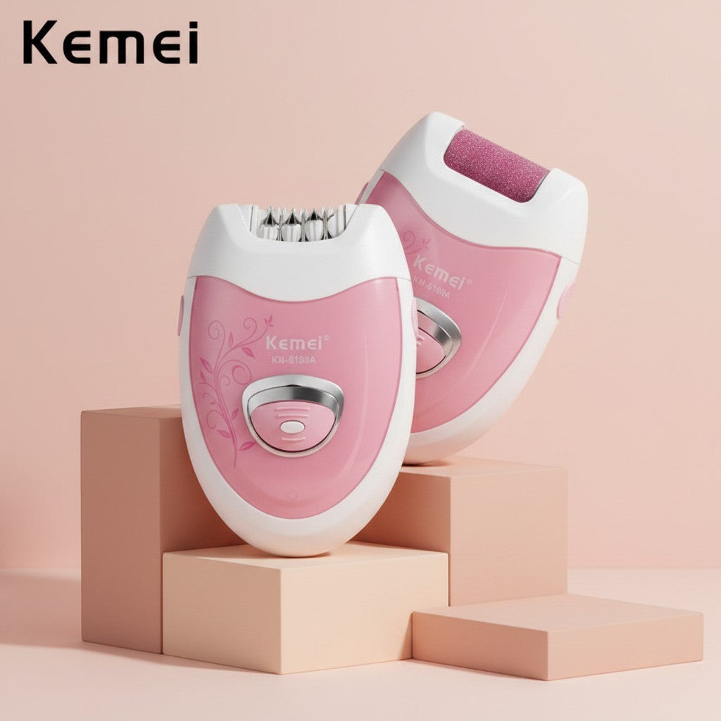 My Glam Room Kemei lady epilator and callus remover set in pink and white on geometric display blocks