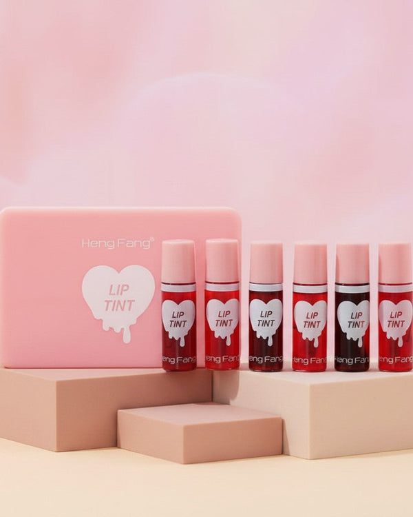 My Glam Room Hengfang 6-piece lip and cheek tint set in a pink case with heart-shaped labels on clear glass bottles.