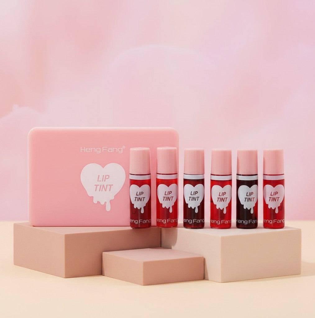 My Glam Room Hengfang 6-piece lip and cheek tint set in a pink case with heart-shaped labels on clear glass bottles.