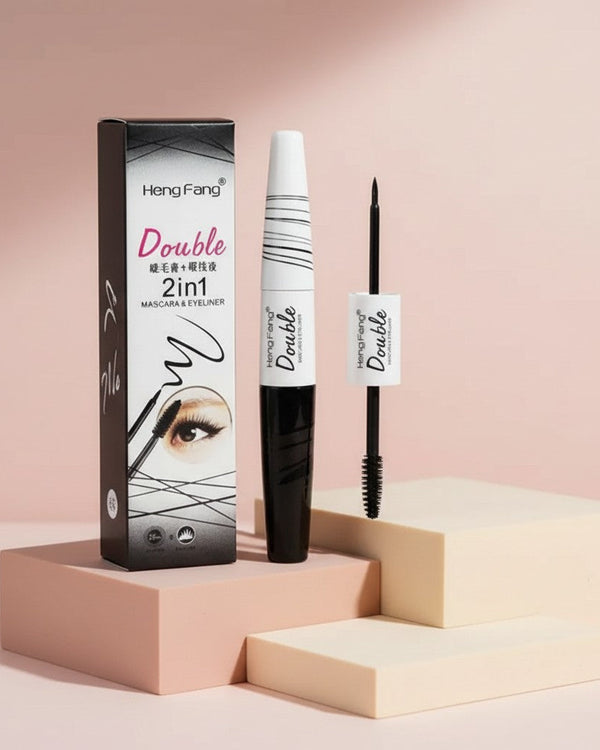 My Glam Room Hengfang 2in1 mascara and liquid eyeliner set with black and white packaging on geometric platforms