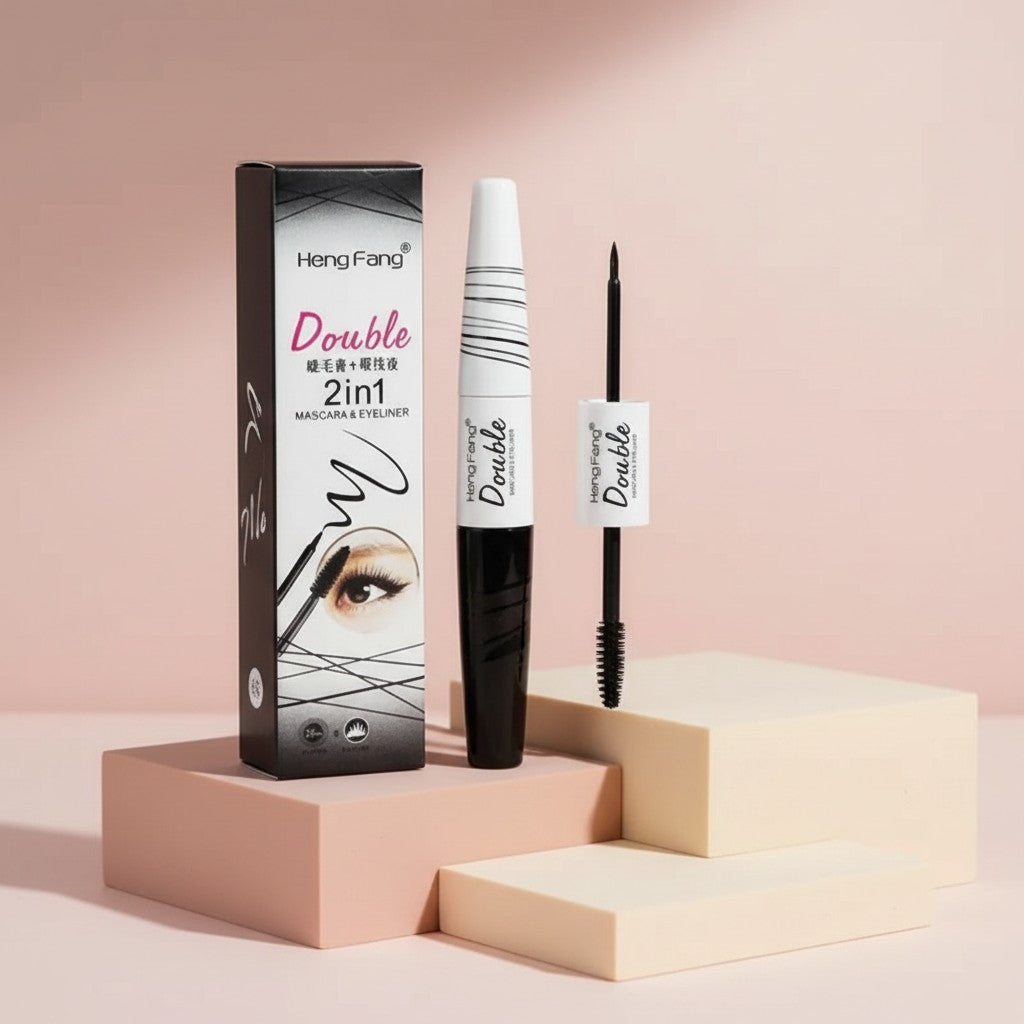 My Glam Room Hengfang 2in1 mascara and liquid eyeliner set with black and white packaging on geometric platforms