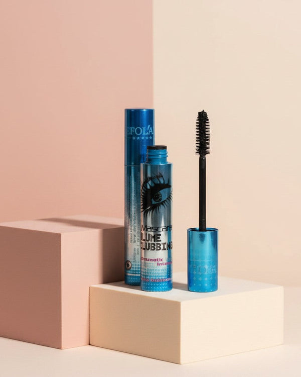 My Glam Room Hengfang Volume Cubbing mascara in a metallic blue tube with a black applicator brush on display.