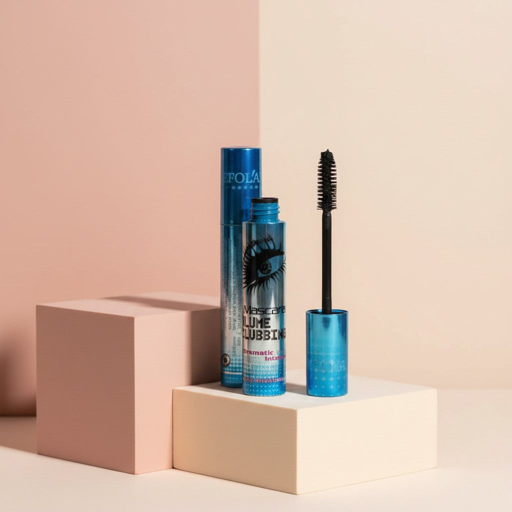 My Glam Room Hengfang Volume Cubbing mascara in a metallic blue tube with a black applicator brush on display.