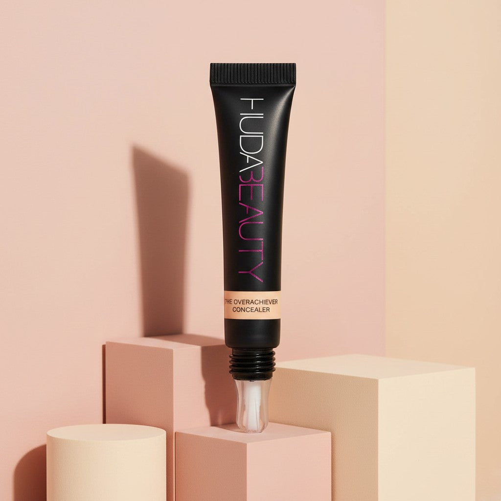 My Glam Room HUDA Beauty The Overachiever full coverage concealer in a black squeeze tube with applicator tip.