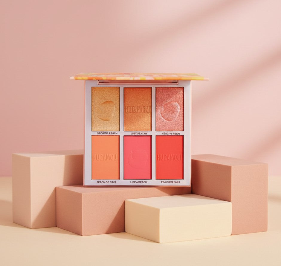 My Glam Room Hudamoji Bellini palette featuring three shimmering highlighters and three matte peach-toned blushes.