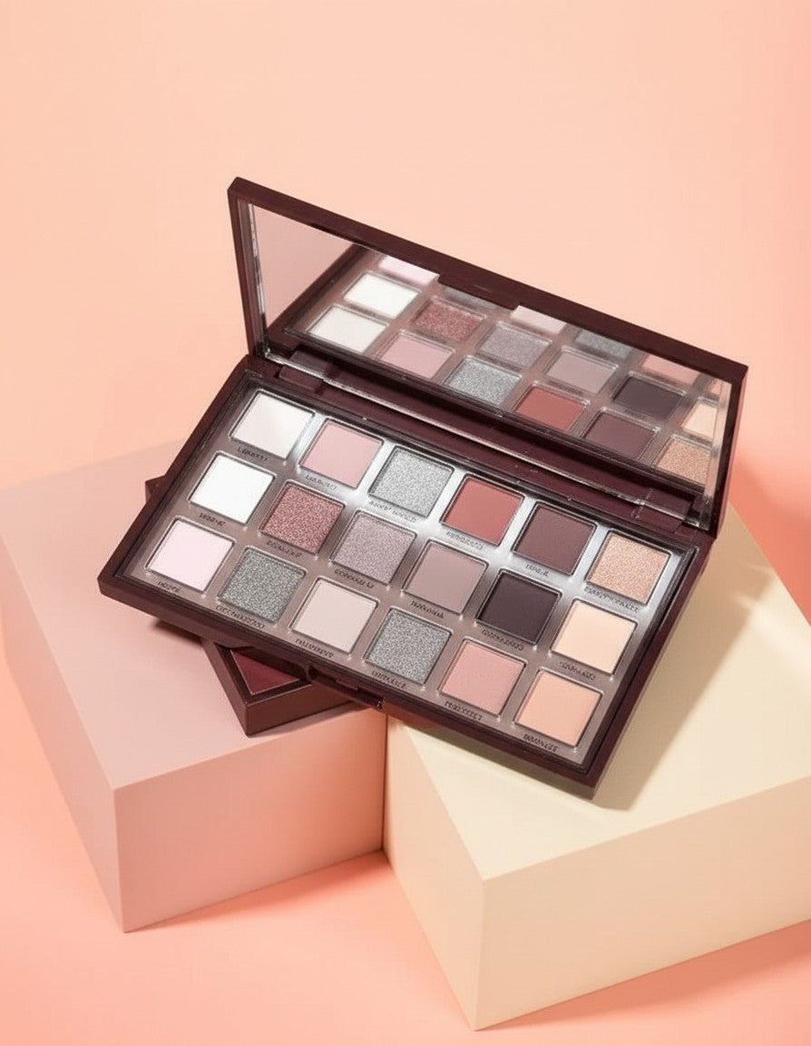 My Glam Room Hudamoji icy nude eyeshadow palette featuring 18 shimmer and matte neutral shades in a dark brown case.