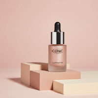 My Glam Room Iconic London liquid illuminator in a glass dropper bottle on minimalist pastel blocks