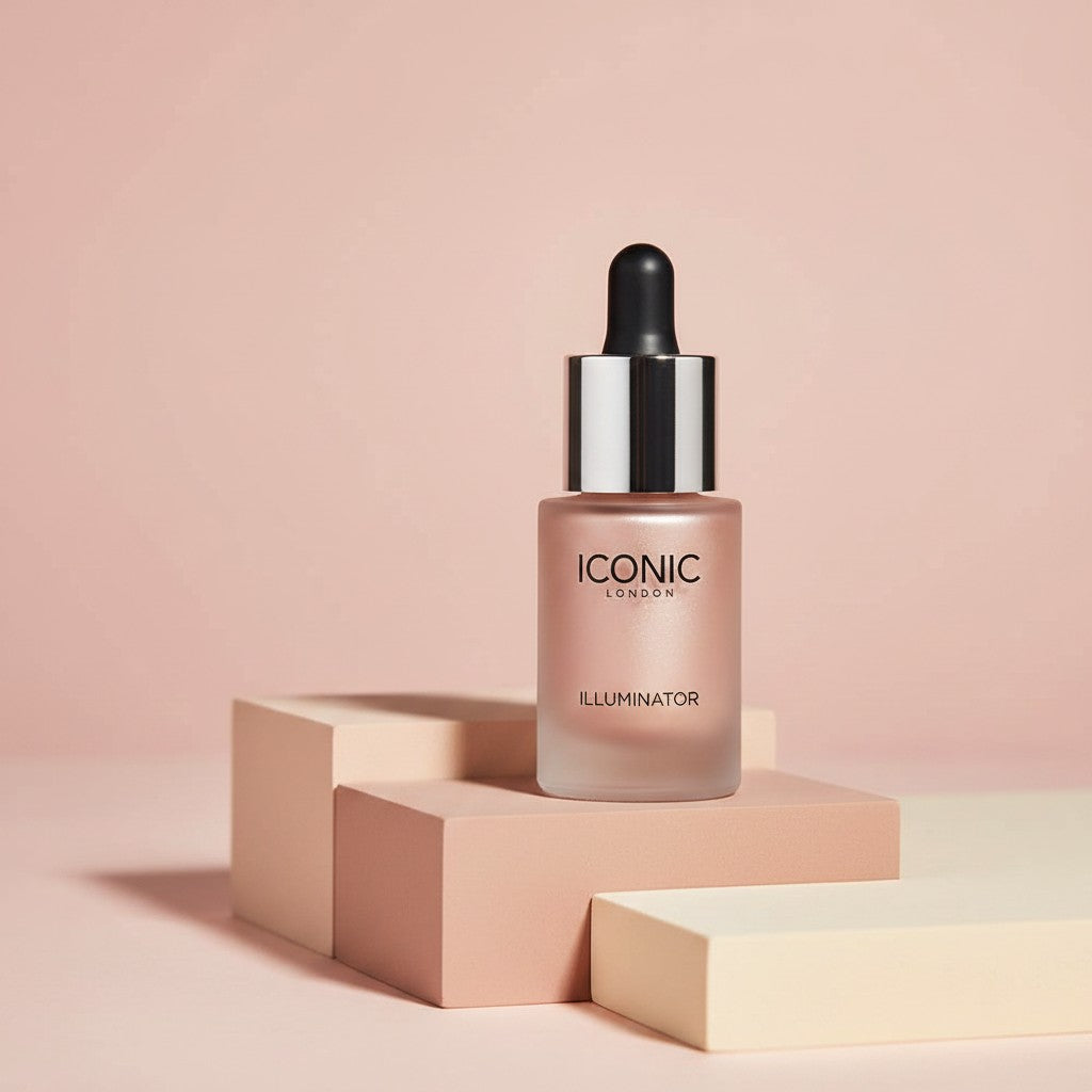 My Glam Room Iconic London liquid illuminator in a glass dropper bottle on minimalist pastel blocks