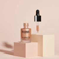 My Glam Room Iconic London Illuminator liquid highlighter in a rose gold shimmer shade with a glass dropper applicator