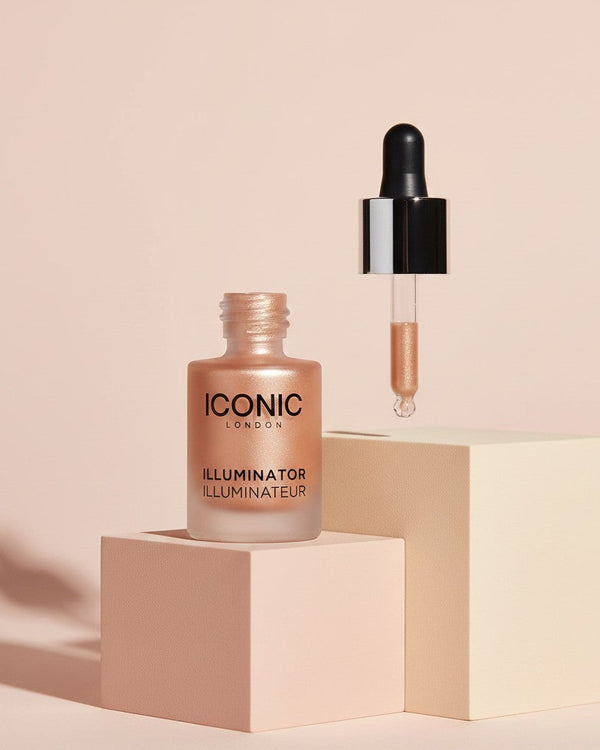 My Glam Room Iconic London Illuminator liquid highlighter in a rose gold shimmer shade with a glass dropper applicator