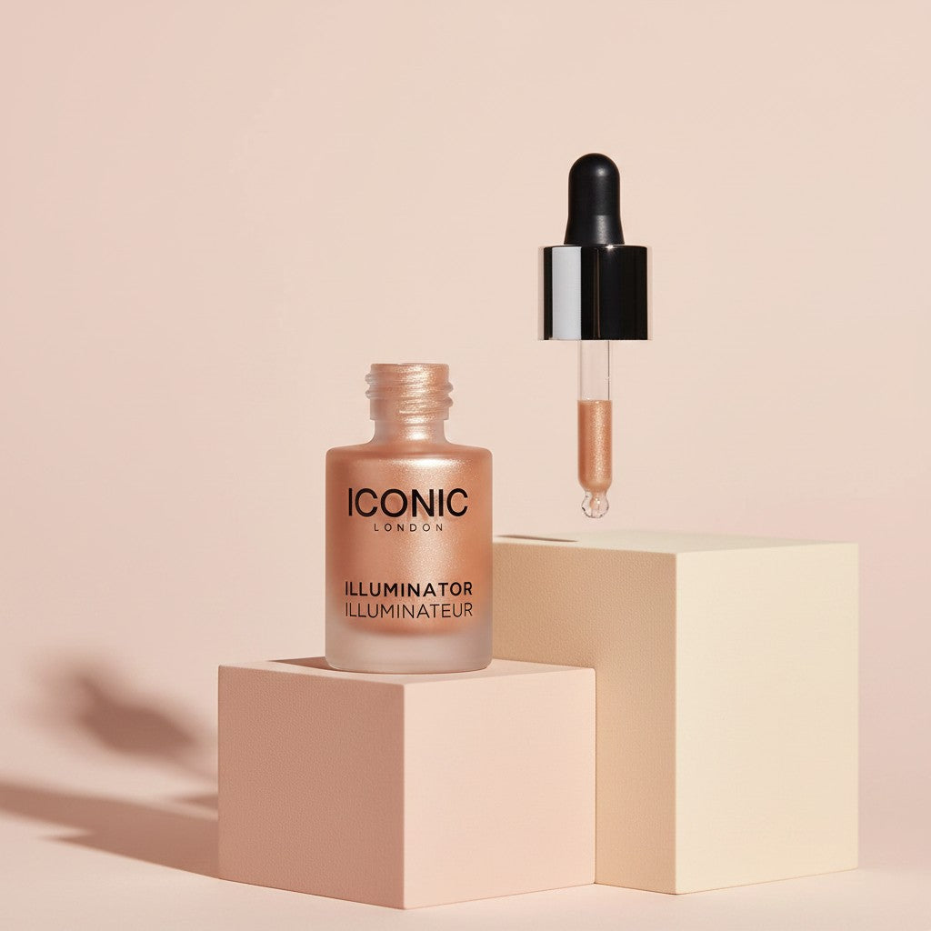 My Glam Room Iconic London Illuminator liquid highlighter in a rose gold shimmer shade with a glass dropper applicator