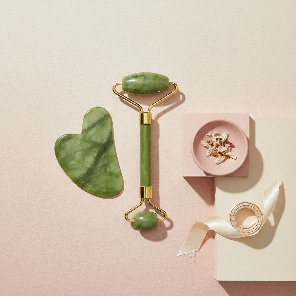 My Glam Room jade roller and heart-shaped gua sha massage tool set with gold accents on a soft pink background