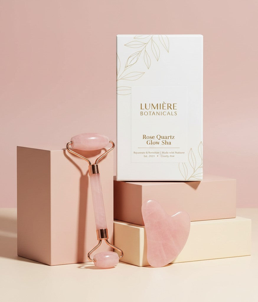 My Glam Room rose quartz jade roller and gua sha set with Lumiere Botanicals packaging on pastel display blocks
