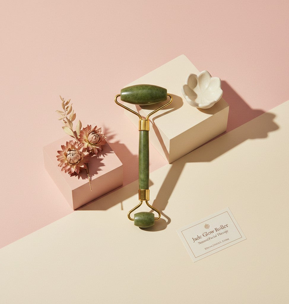 My Glam Room green jade facial massage roller with gold hardware displayed on geometric blocks with dried flowers