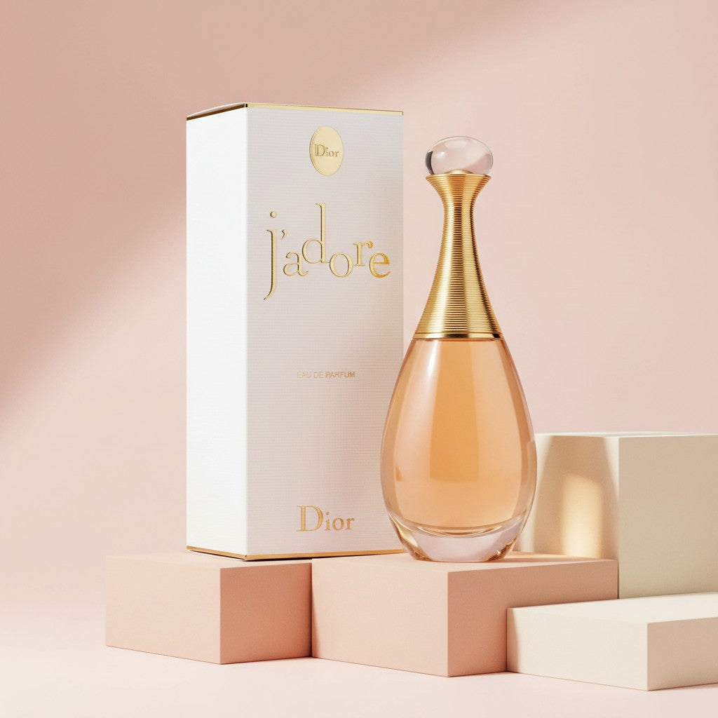 My Glam Room Jadore Dior eau de parfum 100ml bottle and white box on geometric pedestals against a soft pink background