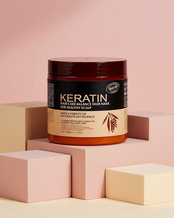 My Glam Room Keratin Hair Care Balance hair mask and scalp treatment in a 1000ml jar on geometric display blocks.