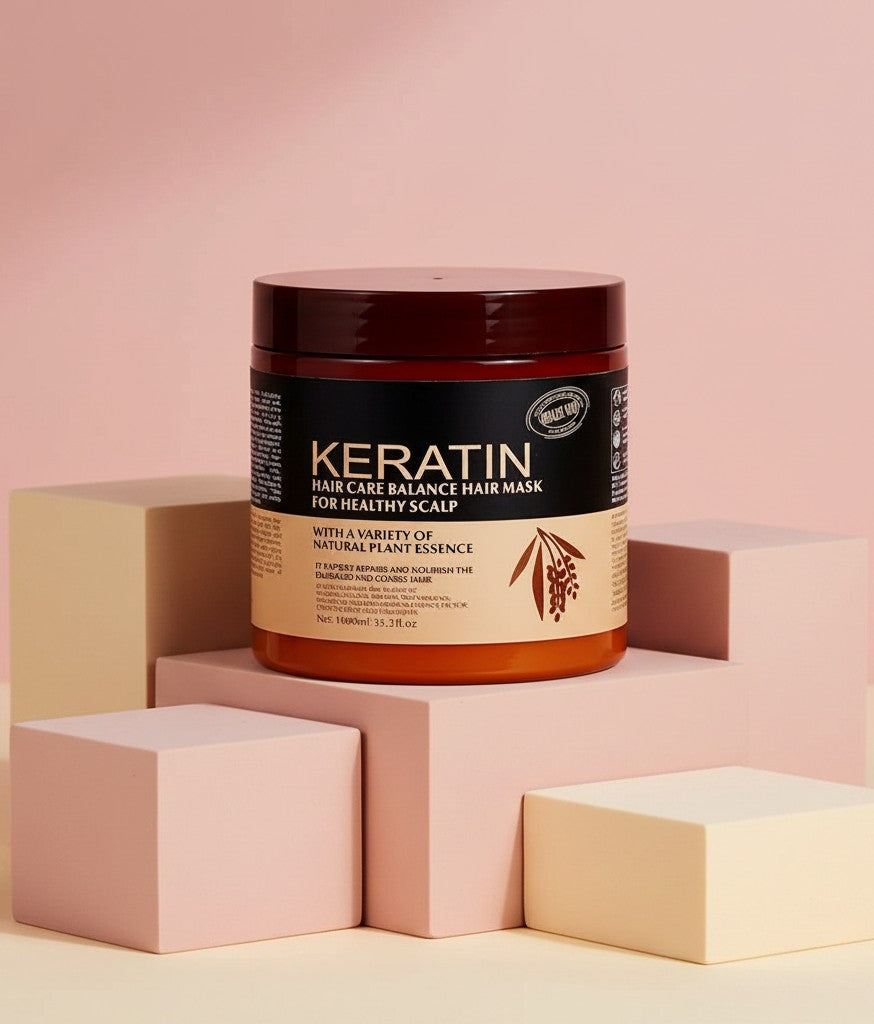 My Glam Room Keratin Hair Care Balance hair mask and scalp treatment in a 1000ml jar on geometric display blocks.