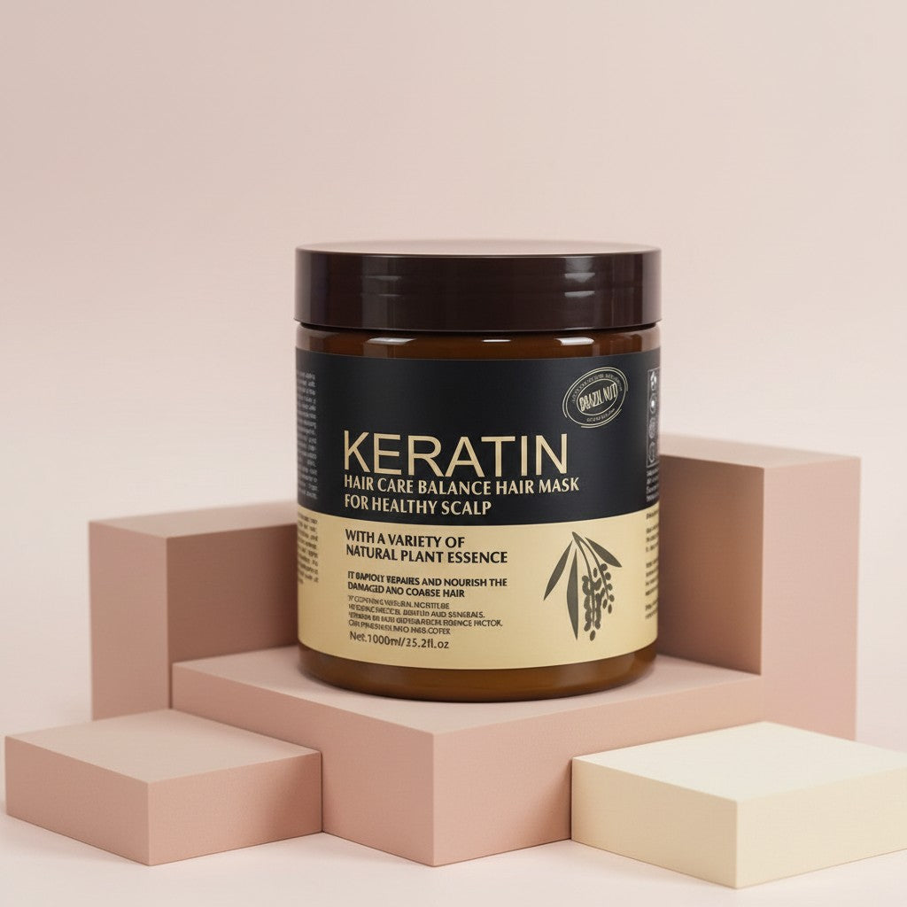 My Glam Room keratin hair treatment mask in a 500ml brown jar on a minimalist beige geometric display stand.