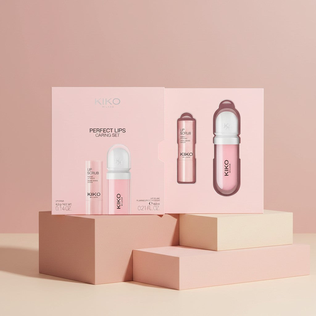 My Glam Room Kiko Perfect Lips Caring Set featuring a lip scrub and lip gloss in pink packaging on a pedestal
