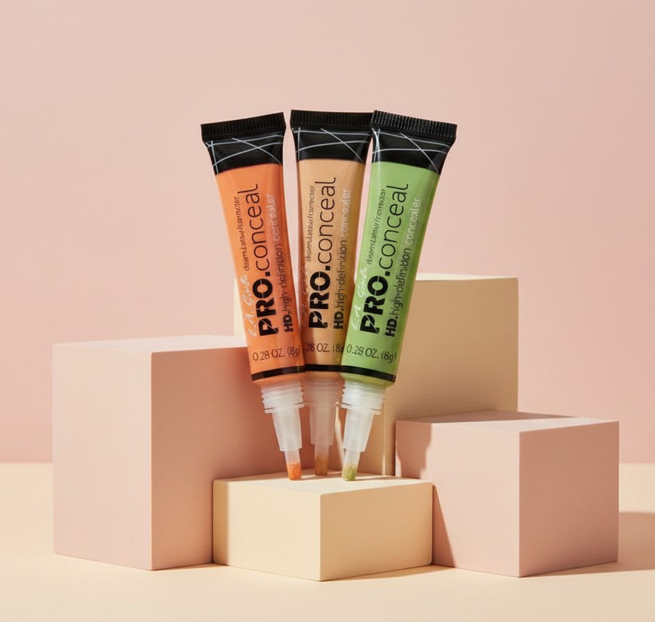 My Glam Room LA Girl Pro Conceal HD high-definition concealer tubes in orange, beige, and green on geometric blocks.
